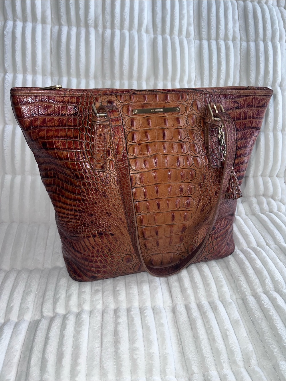 Brahmin Croc-Embossed Leather Tote with Tassel